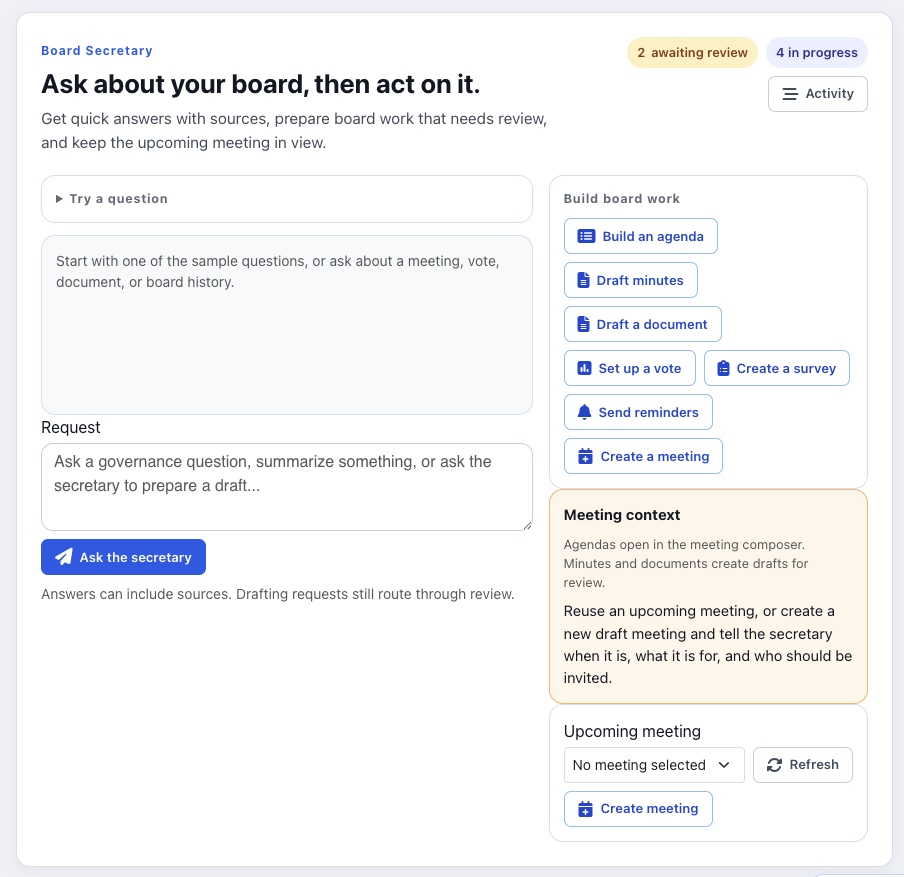 BoardSite AI Board Secretary workspace for questions and board-work drafting
