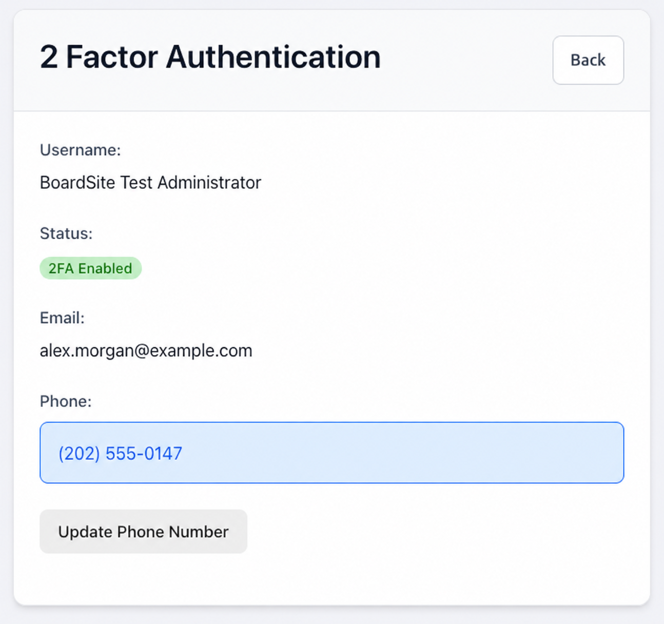BoardSite two-factor authentication enabled for a test administrator