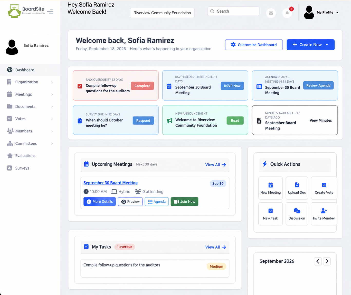 BoardSite dashboard bringing an upcoming board meeting, RSVP, agenda, minutes, survey and tasks together, with documents and votes in the navigation.