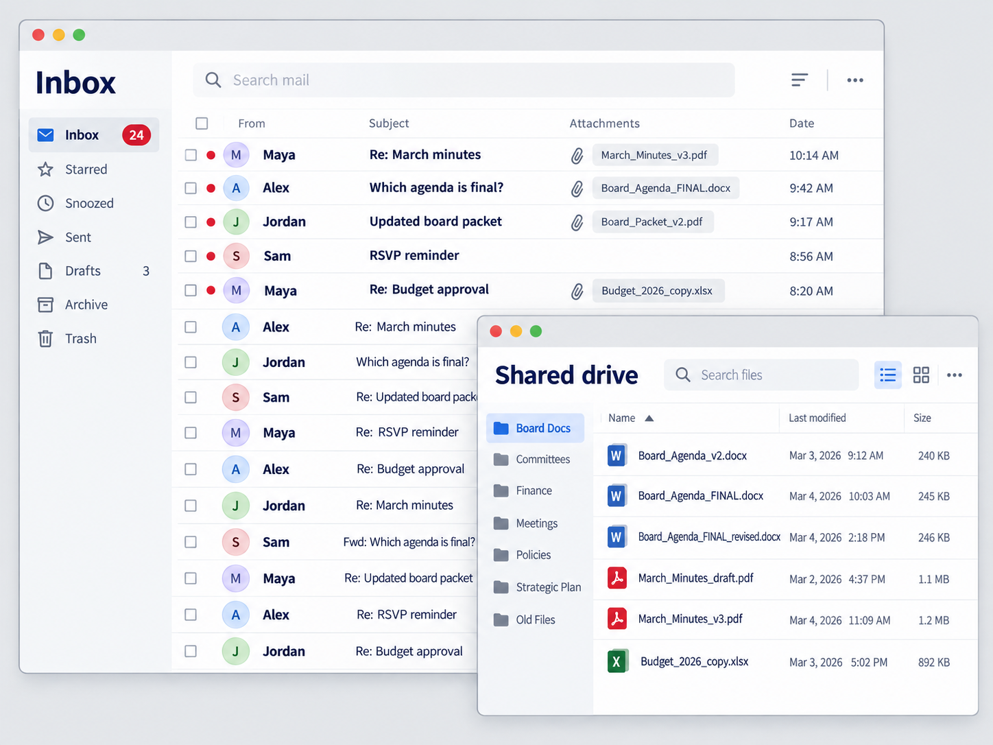 Illustration of a crowded inbox and shared drive with duplicate agendas, draft minutes, attachments and RSVP reminders.