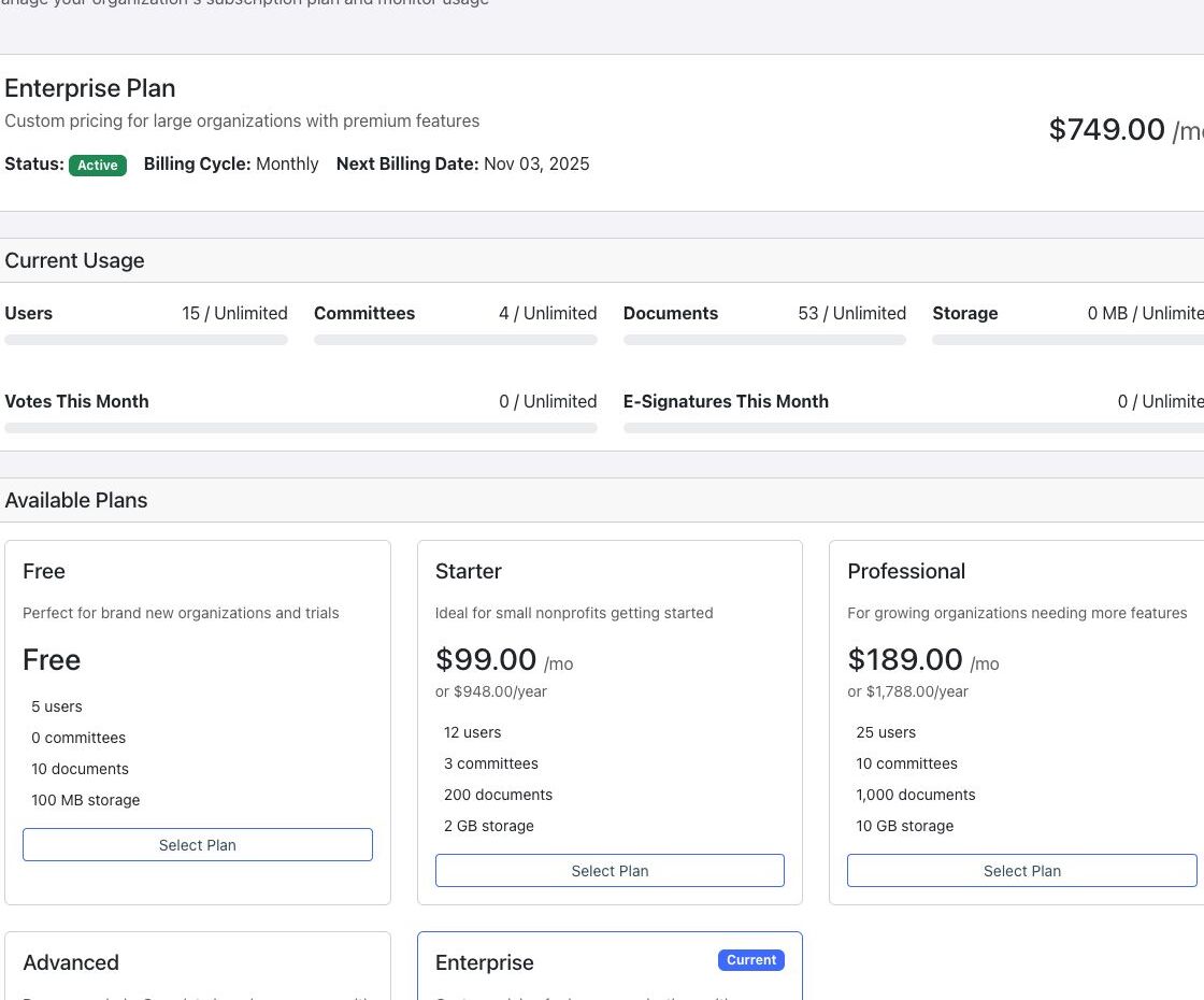 Billing and Subscription page with current usage and available plan cards