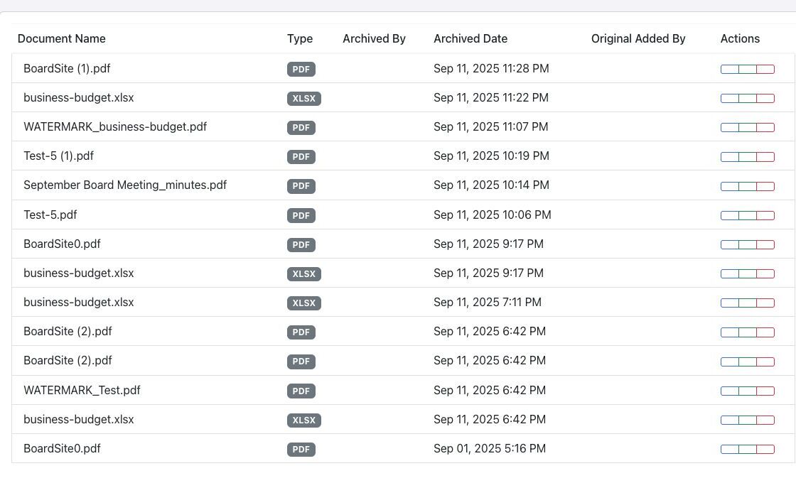 Document archive with view, restore, and permanent delete actions