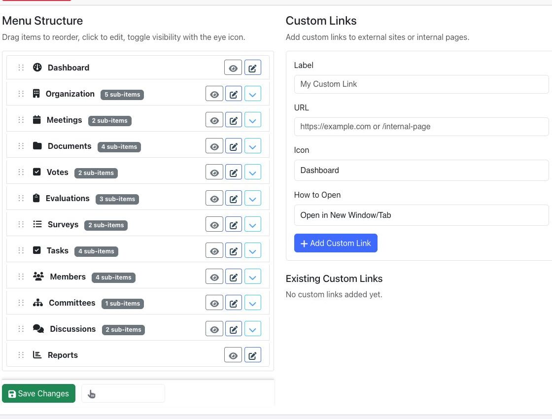 Customize Navigation screen with draggable menu items and custom-link controls