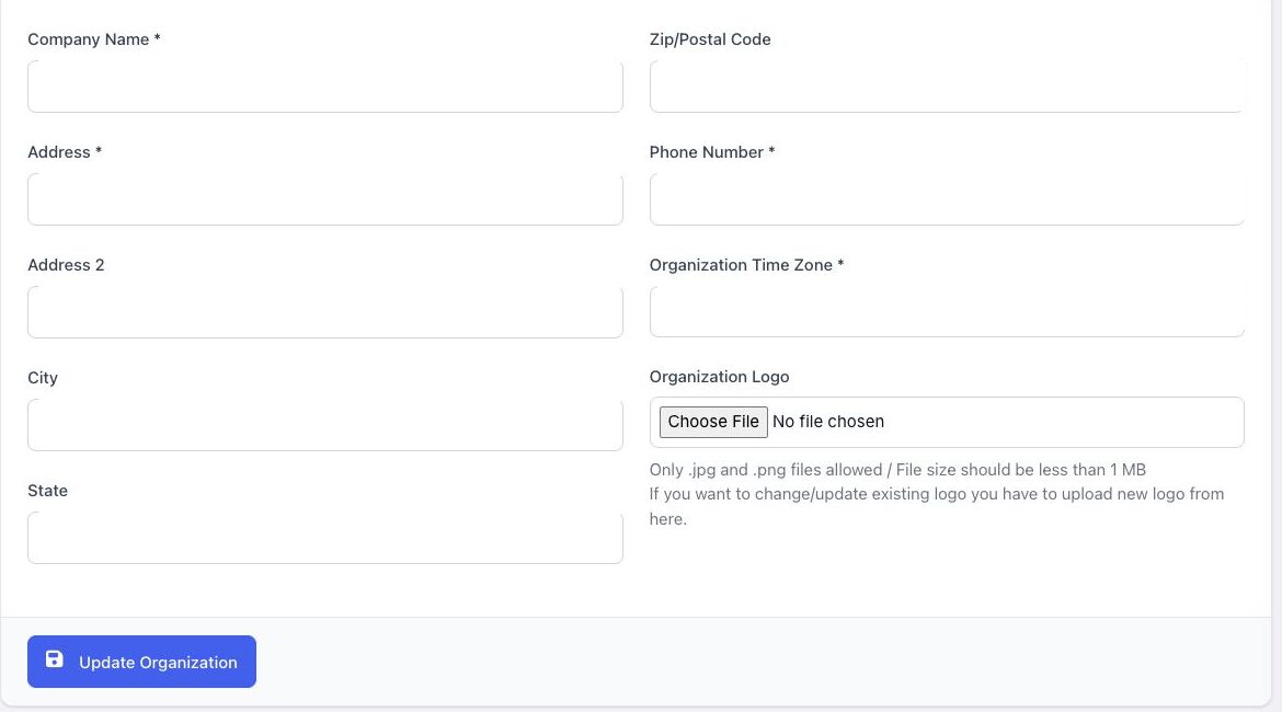 Sanitized organization profile form with contact, time-zone, and logo fields