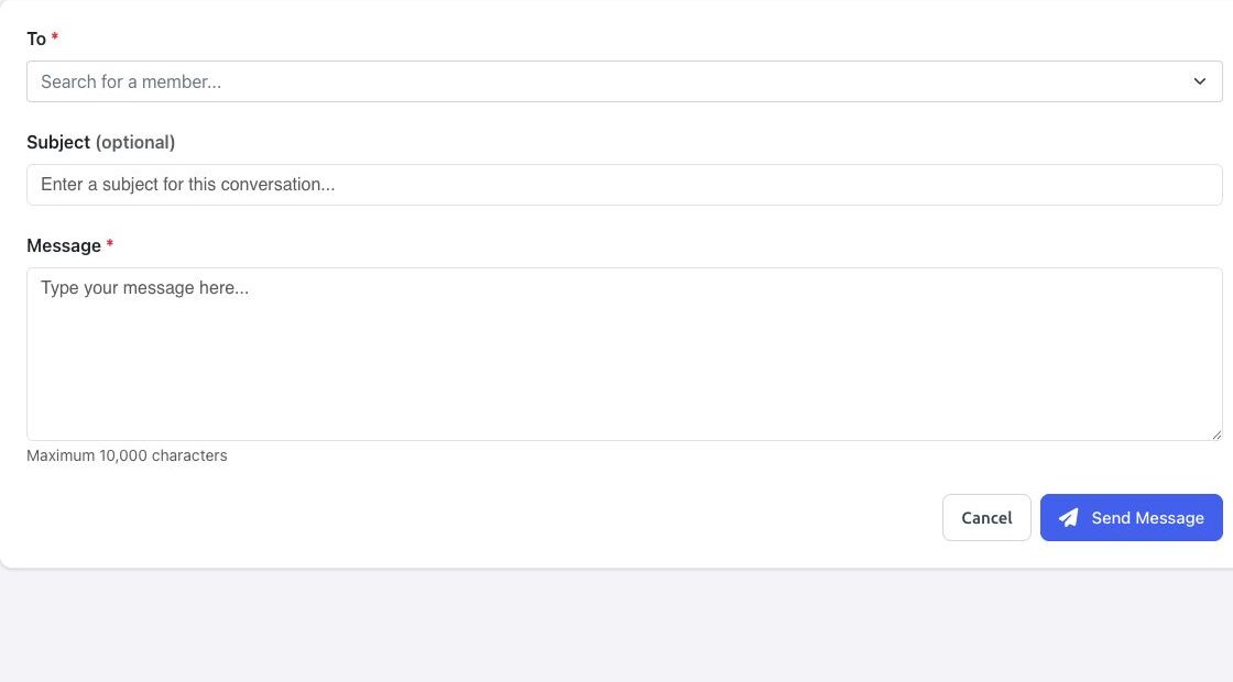 New Message form with recipient, subject, and message fields