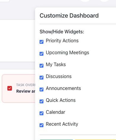 Director Customize Dashboard panel showing member-focused widgets