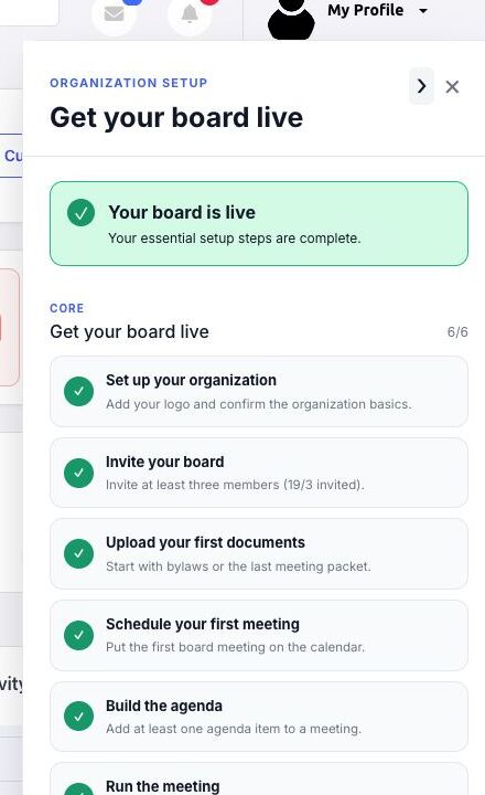 Organization setup checklist with all core setup steps complete