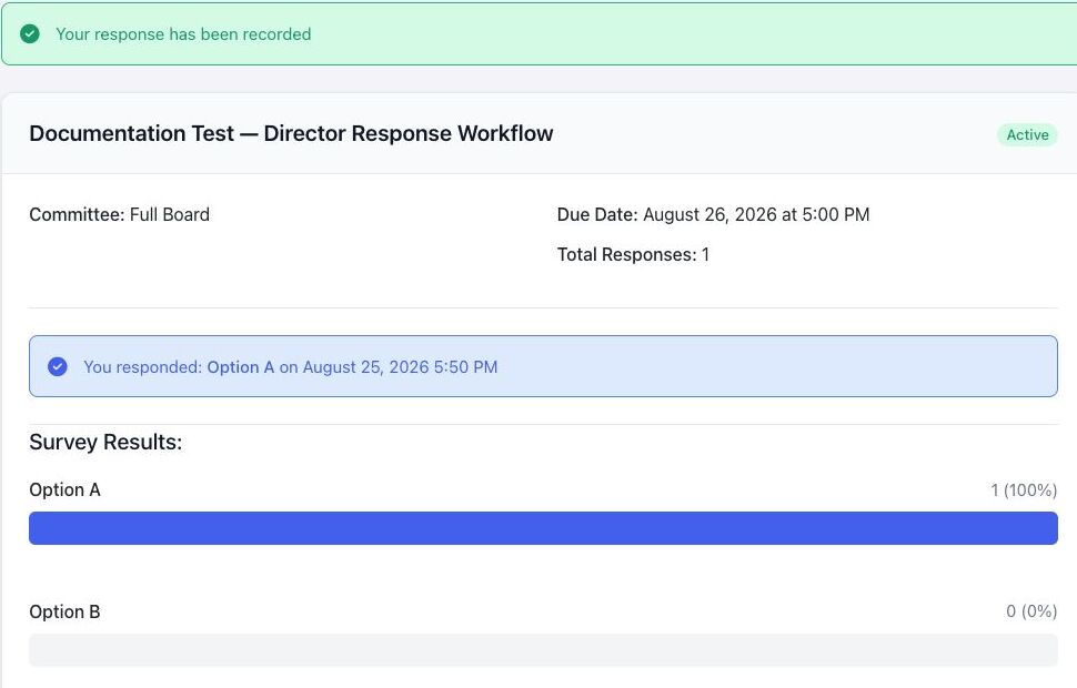 Survey confirmation showing that the response was recorded and results were updated