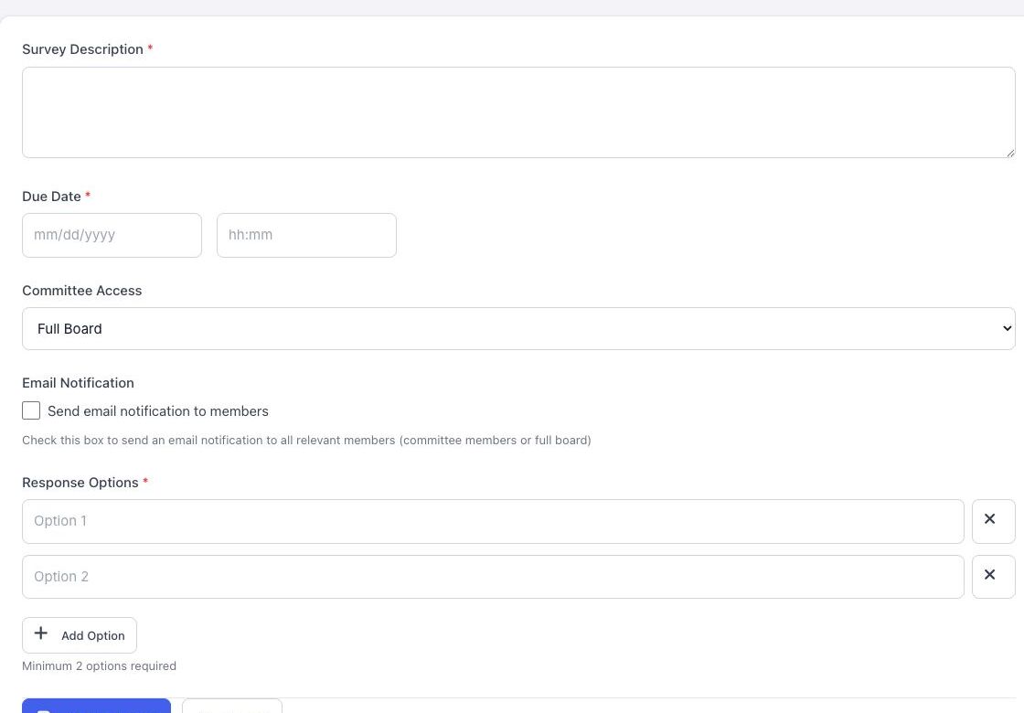 Create Survey form with description, deadline, audience, notification, and response option fields