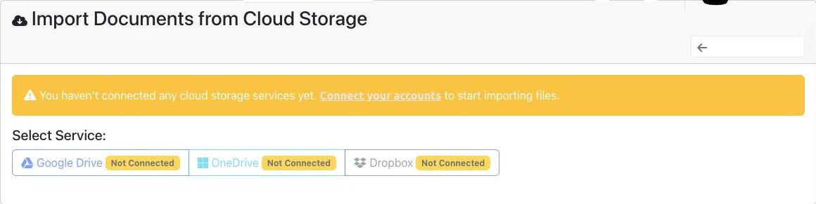 BoardSite cloud import page showing Google Drive, OneDrive, and Dropbox connection requirements