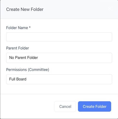BoardSite Create New Folder dialog with folder name, parent folder, and committee permission fields