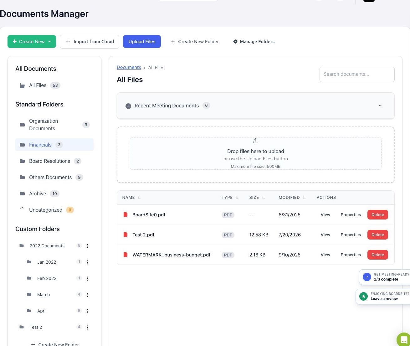 BoardSite Documents Manager showing standard and custom folders with a populated Financials folder