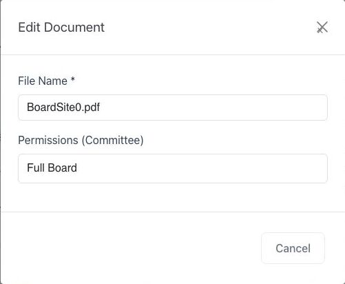 BoardSite Edit Document dialog showing the document name and committee permission field
