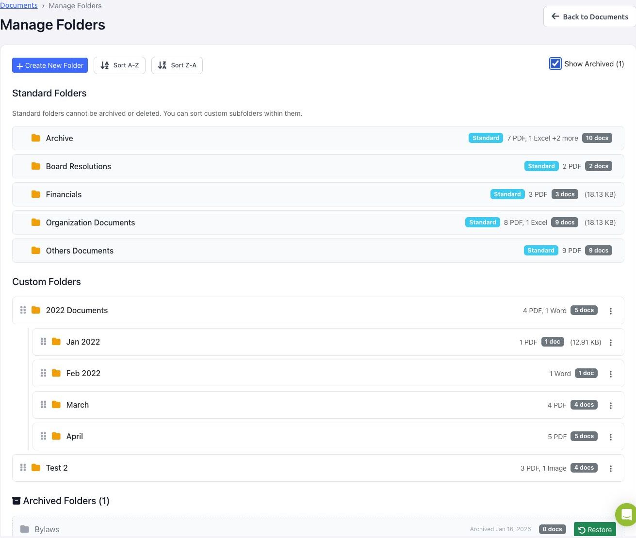 BoardSite Manage Folders page showing standard and custom folders, sorting controls, archived-folder visibility, and Restore