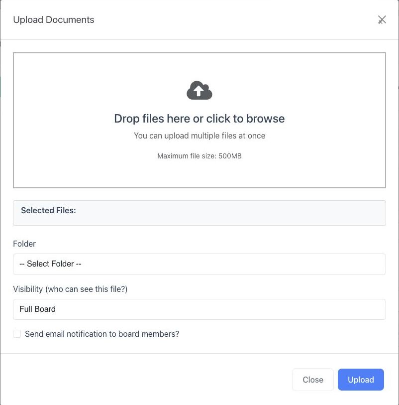 BoardSite Upload Documents dialog with destination folder, visibility, notification, and file size controls