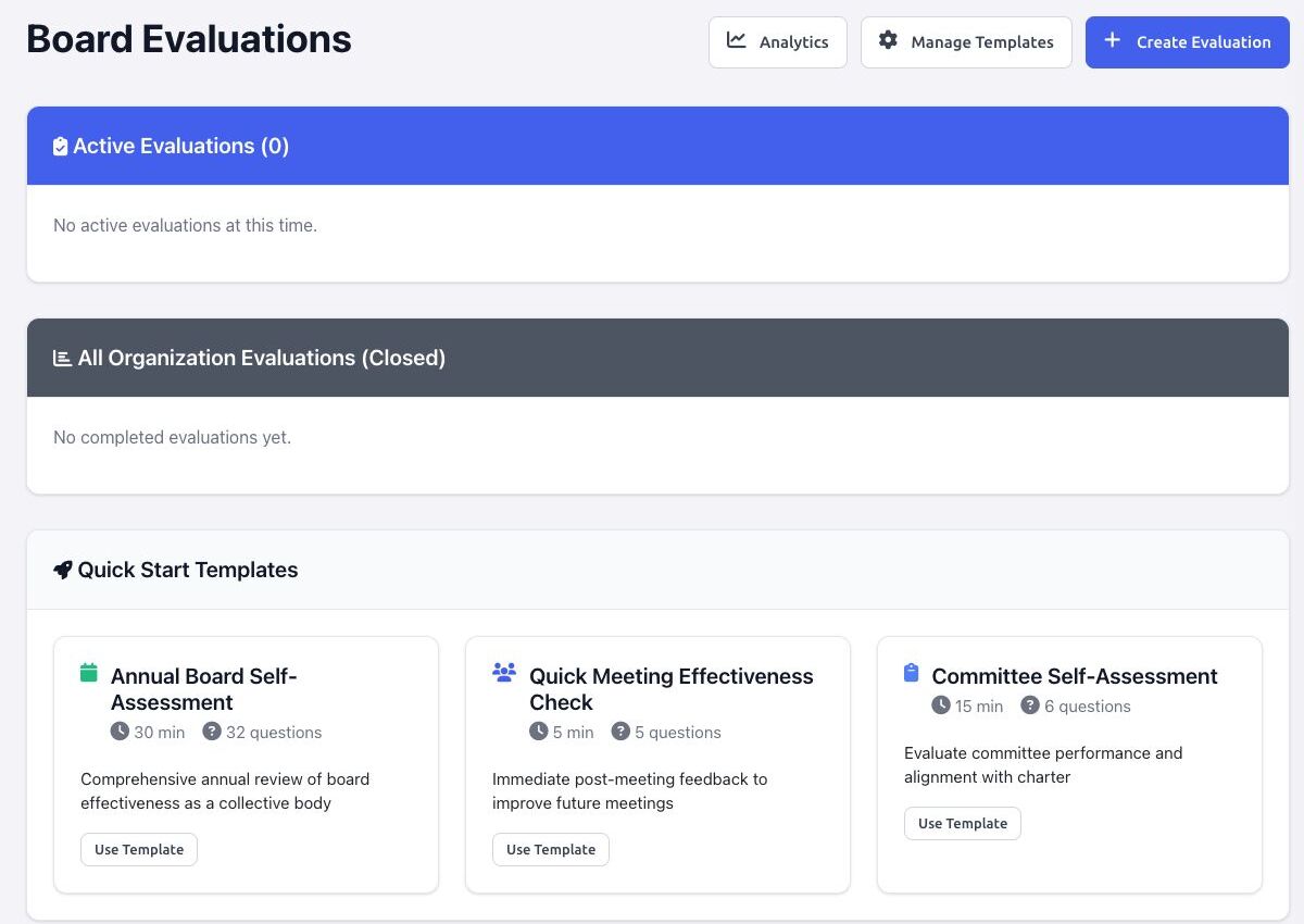 Board Evaluations dashboard with management actions, active and closed sections, and quick-start templates