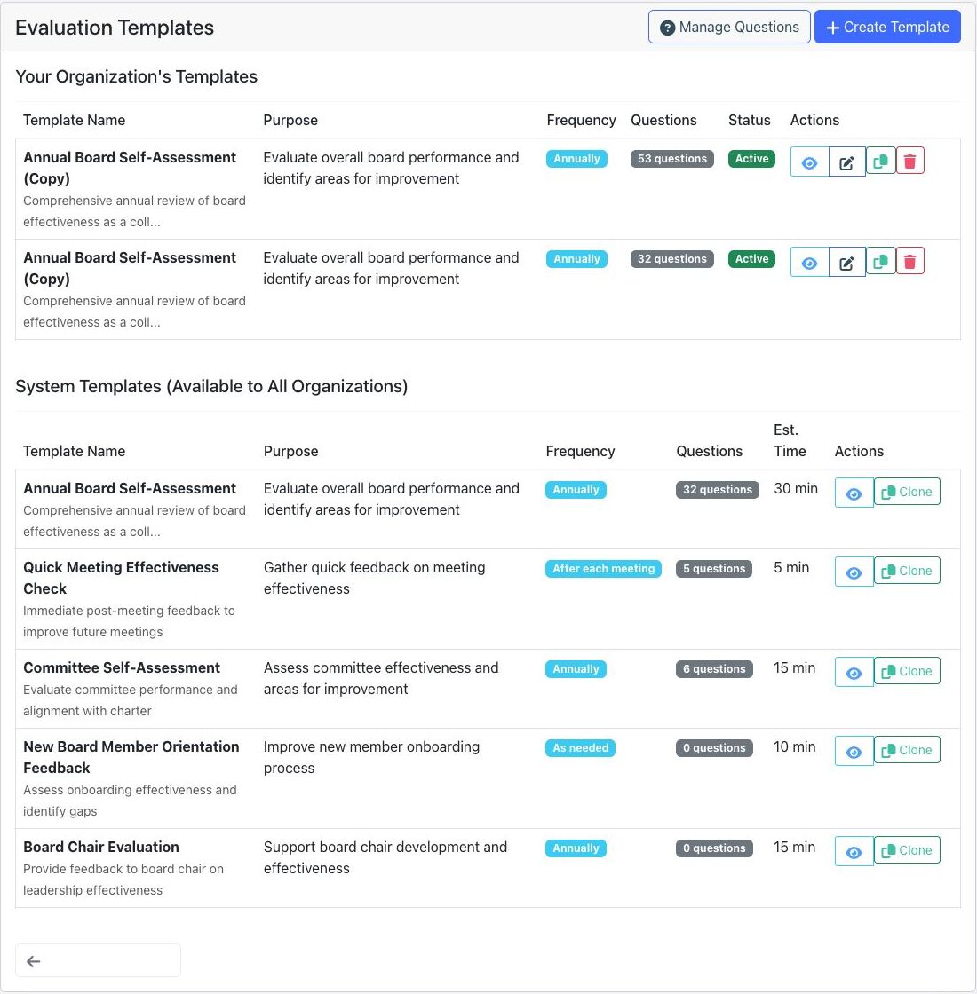 Evaluation Templates page with organization templates, system templates, question management, and template actions