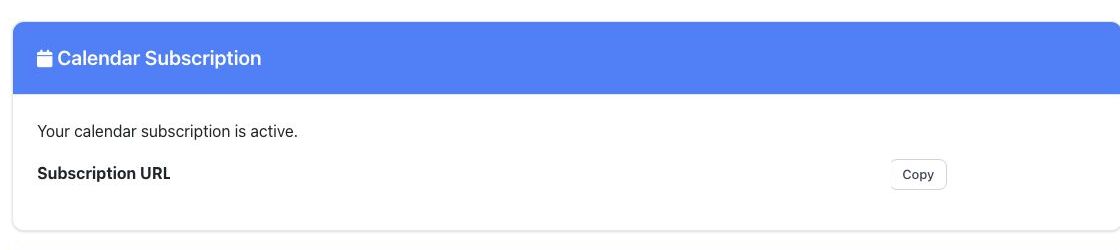 Calendar Subscription card with its private subscription URL redacted
