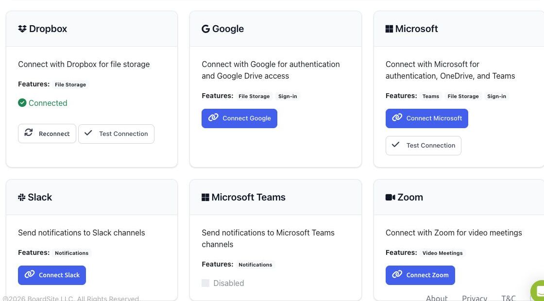 Integration provider cards for cloud storage, sign-in, notifications, and video meetings