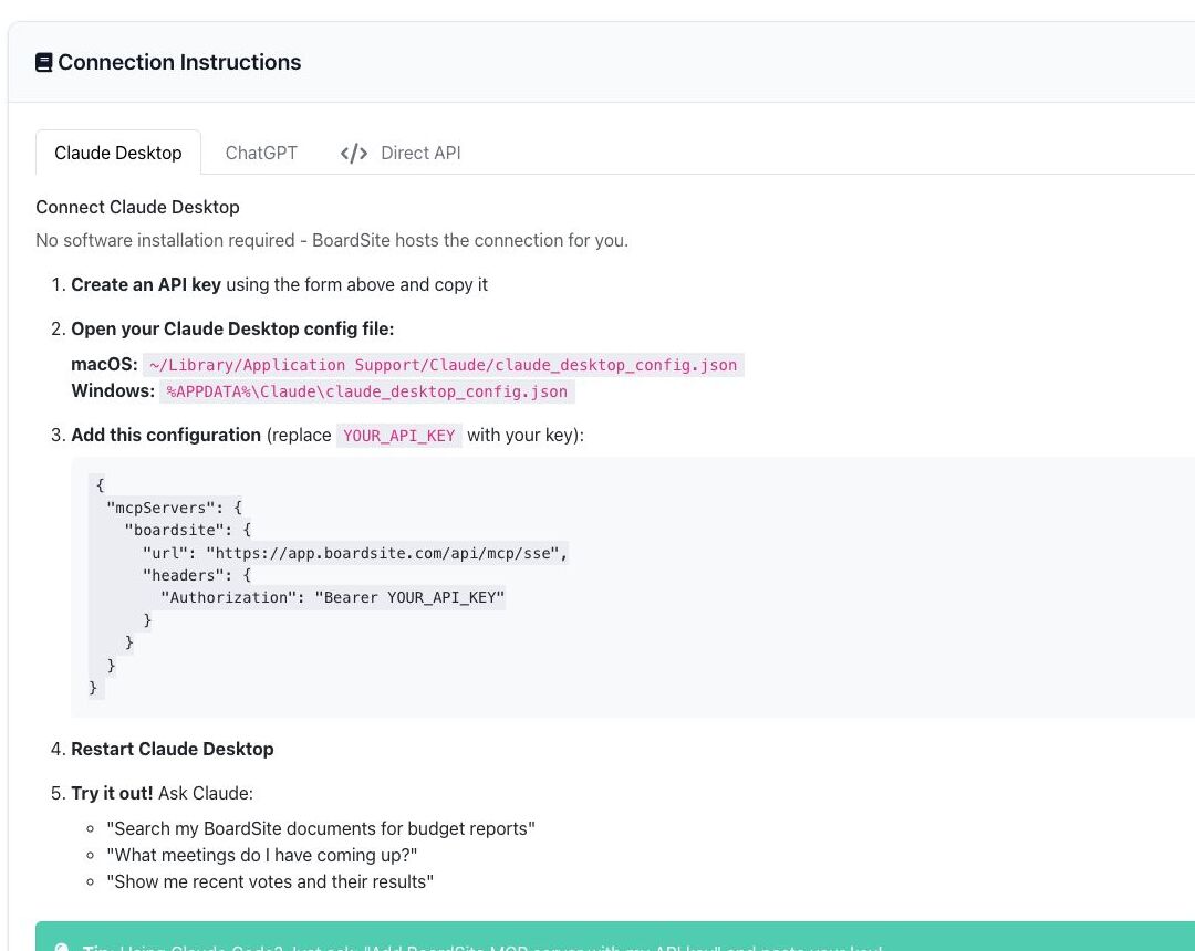 MCP connection instructions using a placeholder rather than a real API key