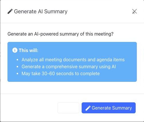 BoardSite Generate AI Summary confirmation describing the source content and expected processing time
