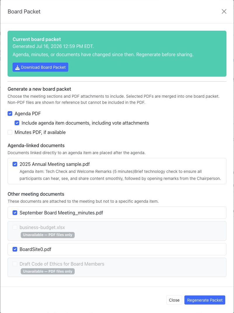 BoardSite Board Packet dialog showing a current packet, agenda selections, included PDF documents, and unavailable non-PDF files