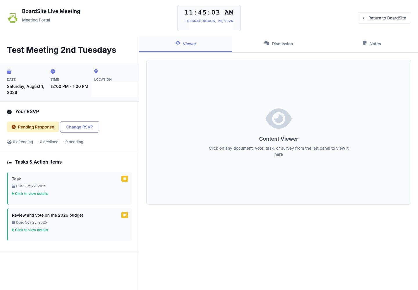 BoardSite Live Meeting portal with meeting details, RSVP, tasks, Viewer, Discussion, and Notes