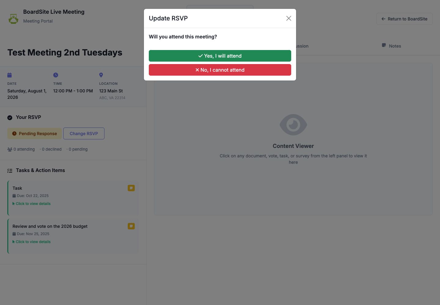 BoardSite Live Meeting Update RSVP dialog with attending and not attending choices