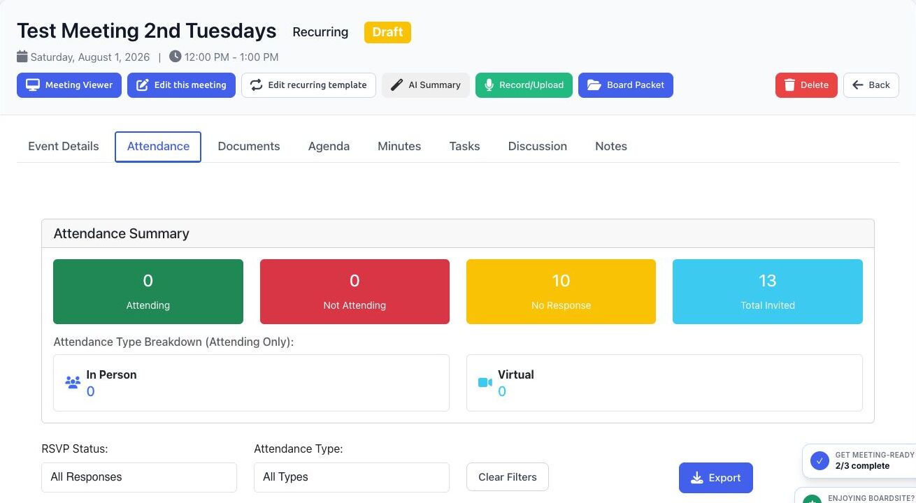 BoardSite Attendance tab with RSVP totals, attendance type breakdown, filters, and Export button