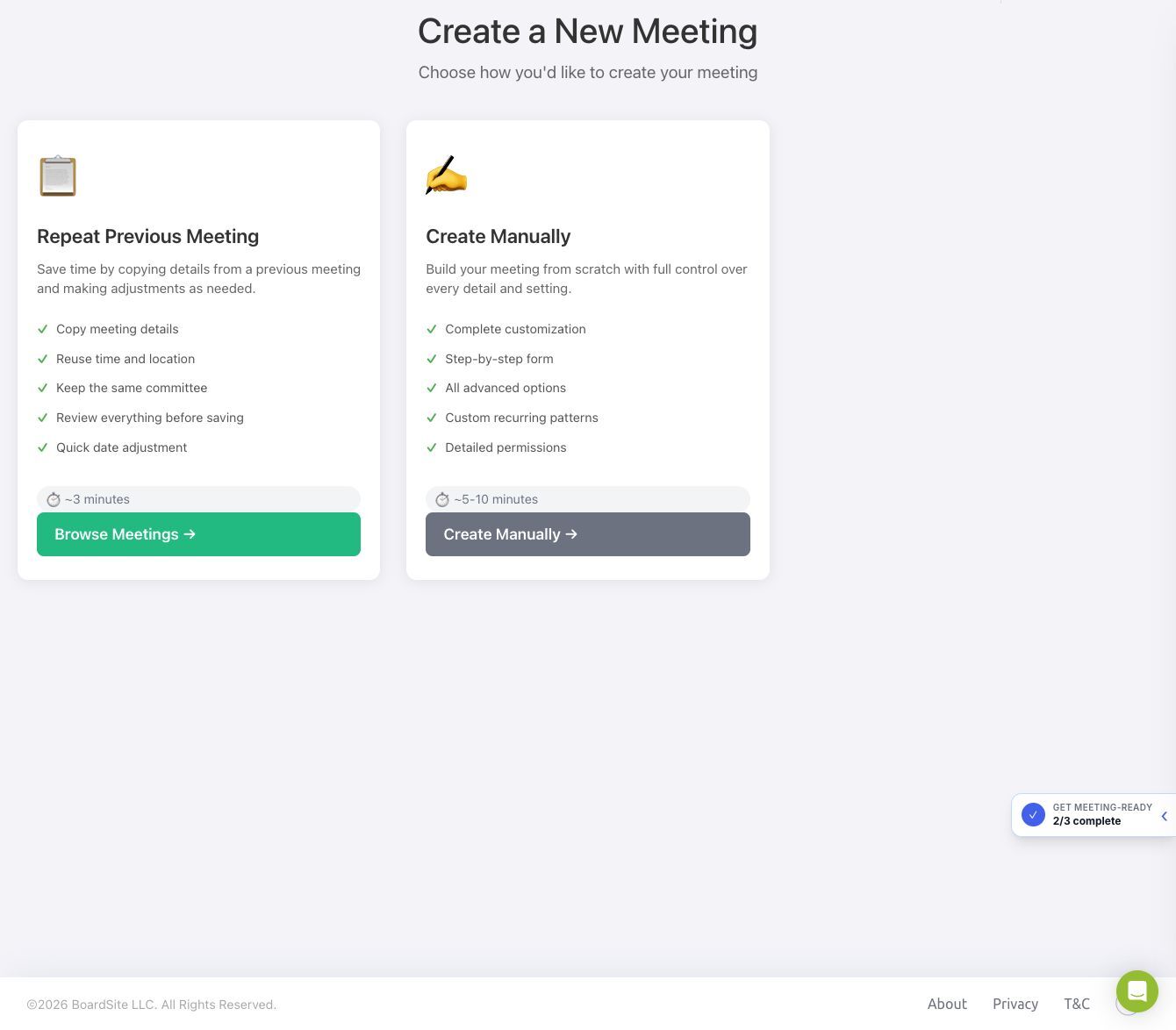 BoardSite meeting creator showing Repeat Previous Meeting and Create Manually choices