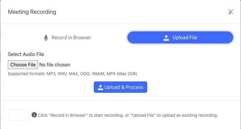 BoardSite Meeting Recording dialog showing supported upload formats and the Upload and Process button