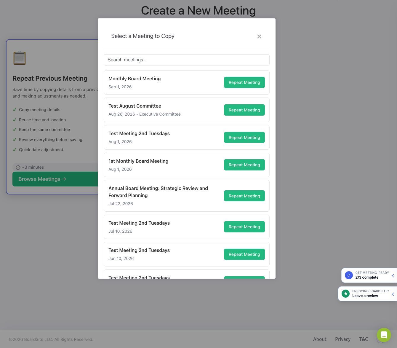 BoardSite dialog for selecting a previous meeting to repeat