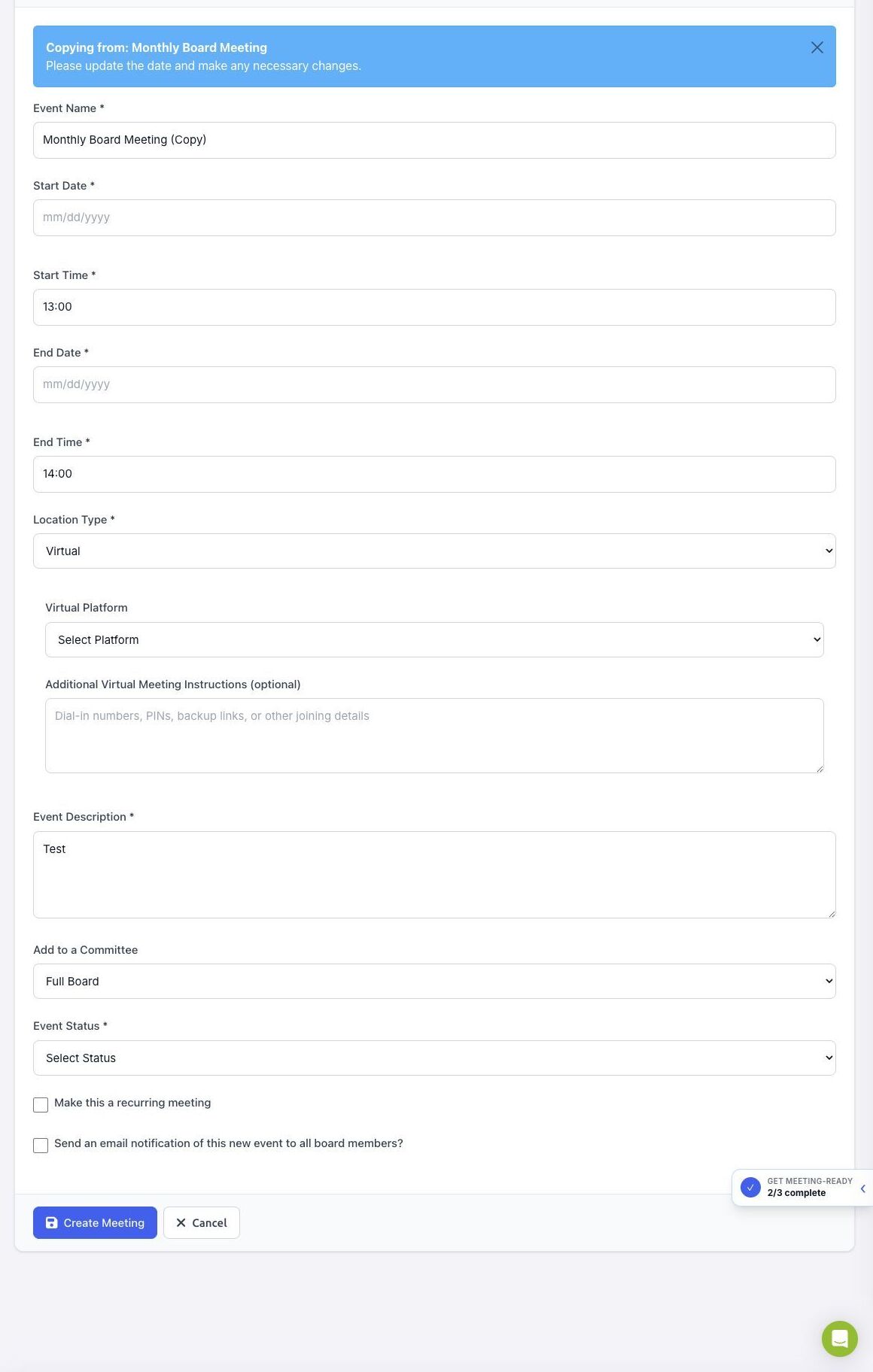 BoardSite copied meeting form ready for date and detail review