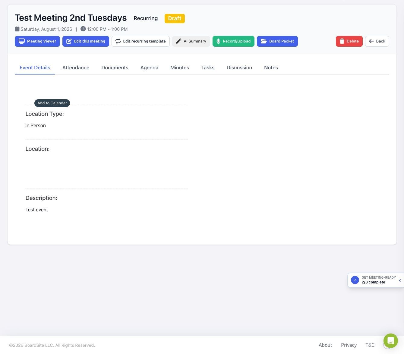 BoardSite meeting workspace with details, attendance, documents, agenda, minutes, tasks, discussion, and notes tabs