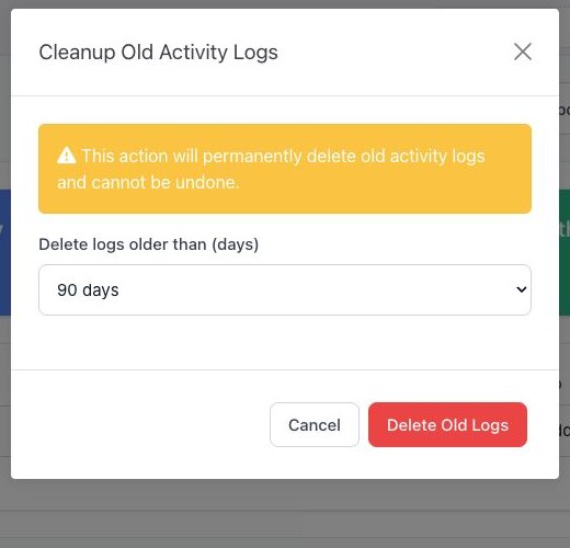 BoardSite cleanup warning explaining that old activity logs will be permanently deleted
