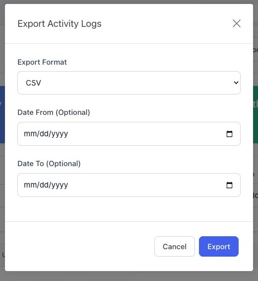 BoardSite Export Activity Logs dialog with CSV, Excel, and PDF format options and optional date fields