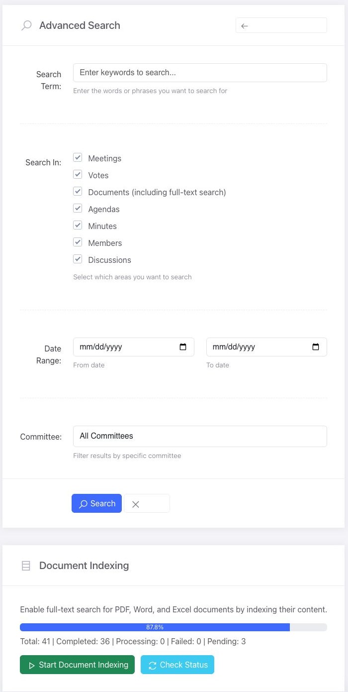 BoardSite Advanced Search form with content type, date range, committee, and document indexing controls