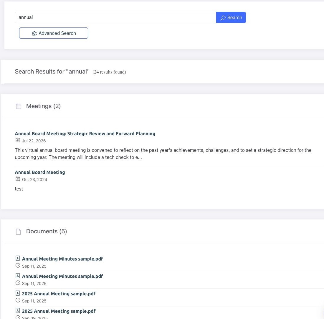 BoardSite search results grouped into meetings and documents for the term annual
