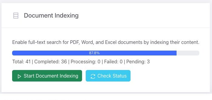 BoardSite Document Indexing status showing progress and completed, processing, failed, and pending totals