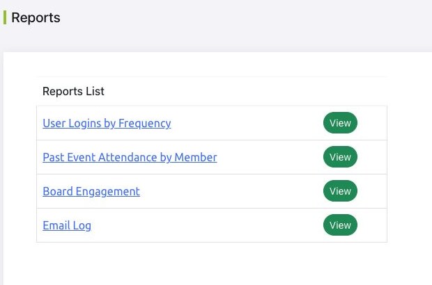 BoardSite Reports page listing login frequency, attendance, engagement, and email log reports