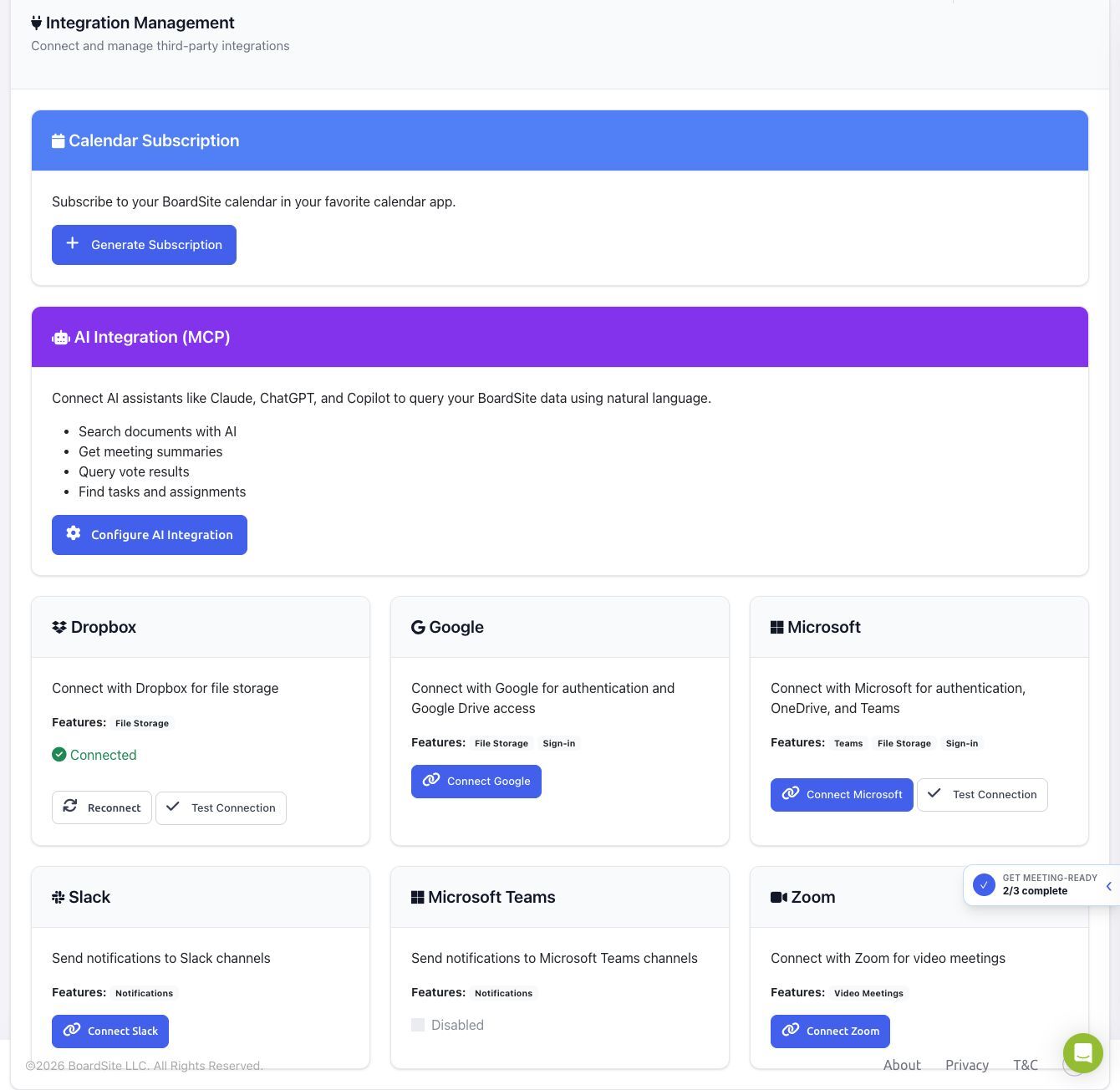 BoardSite Integration Management page with a Connect Zoom button on the Zoom card