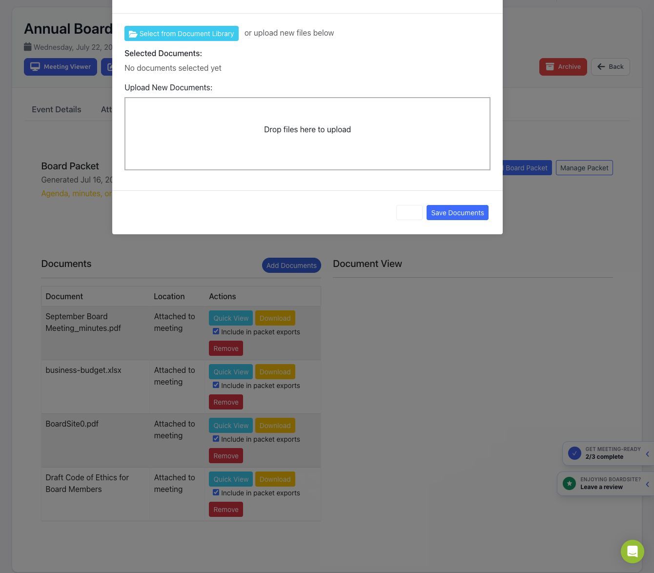 Add Meeting Documents dialog with Document Library and upload options