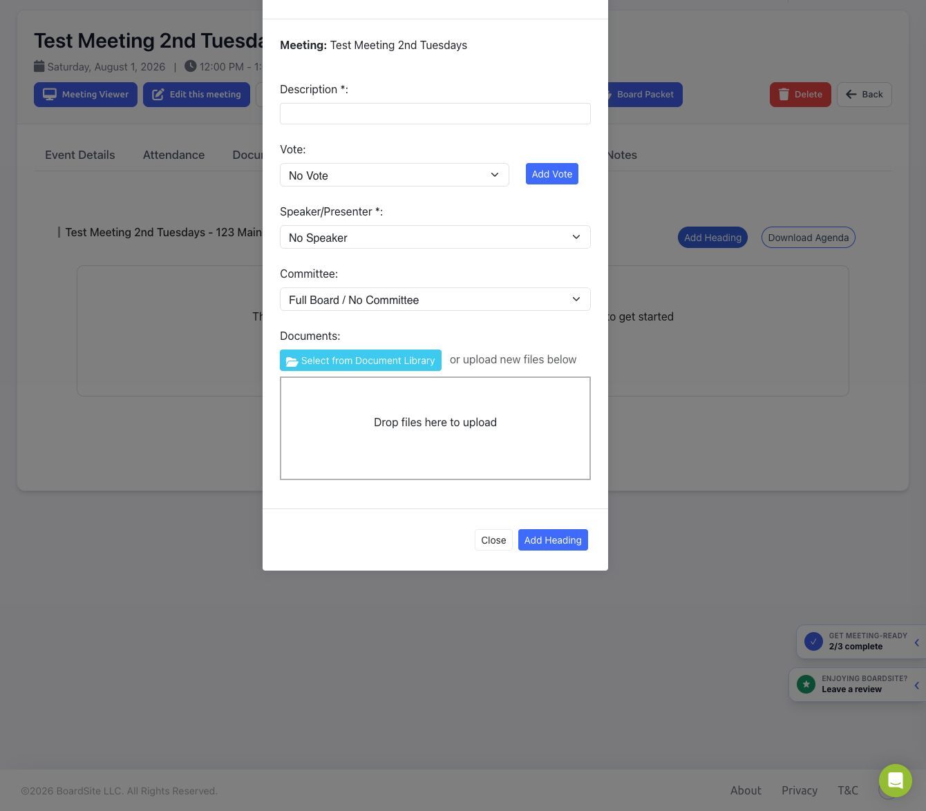Add Agenda Heading dialog with description, vote, speaker, committee, and document fields