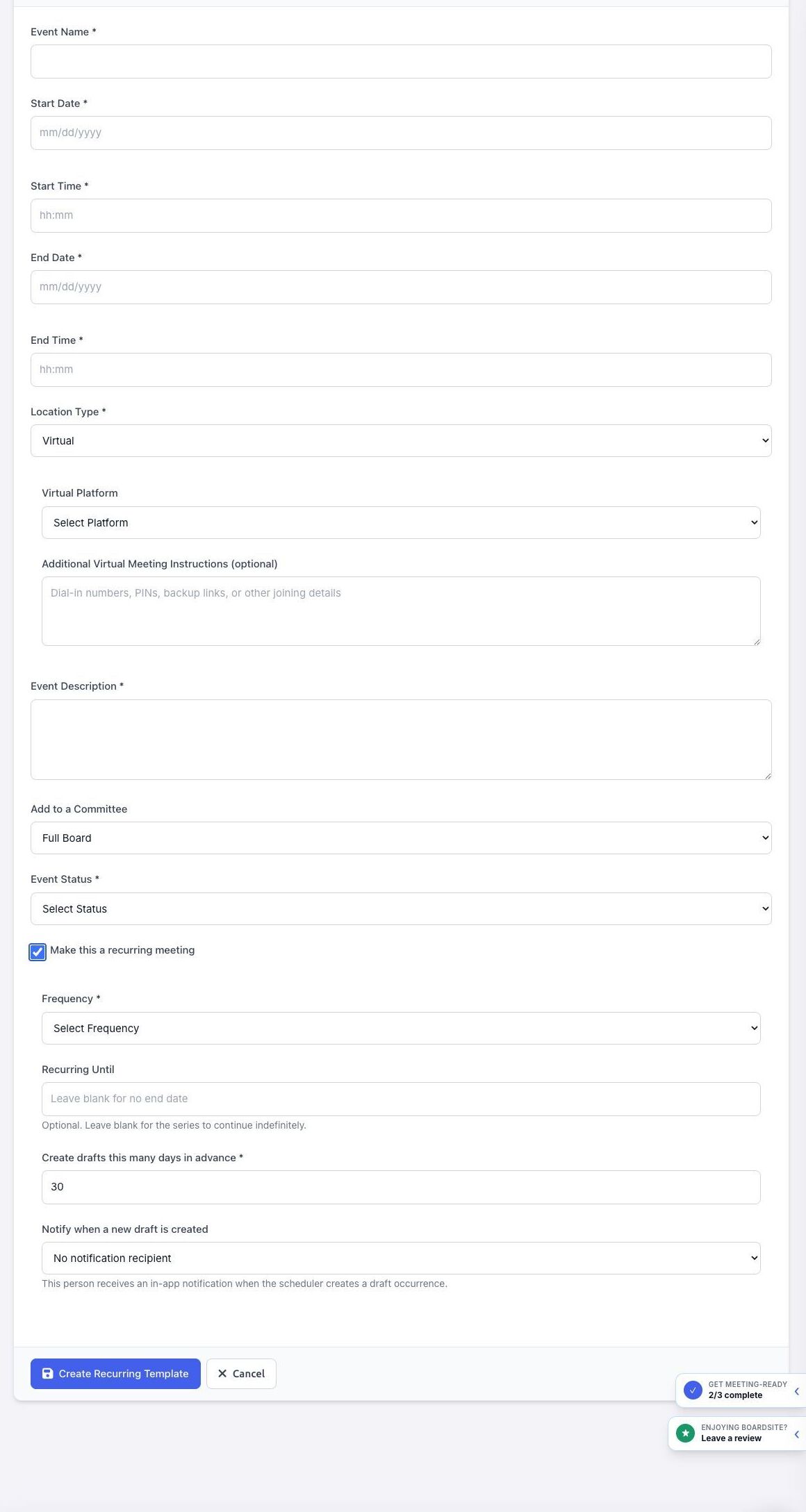 Recurring meeting fields in the BoardSite manual meeting form
