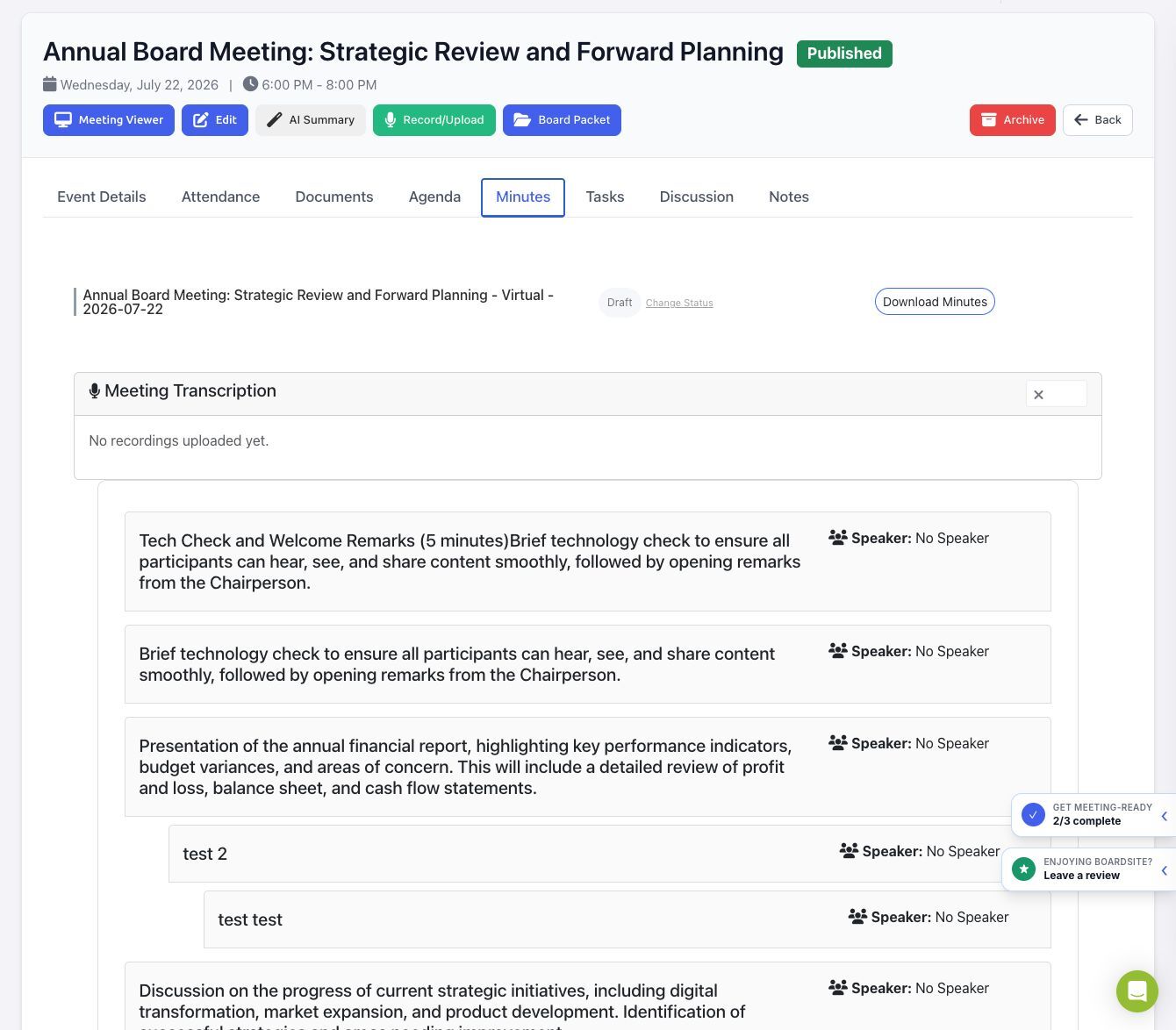 BoardSite Minutes tab showing meeting transcription and agenda-based minute sections