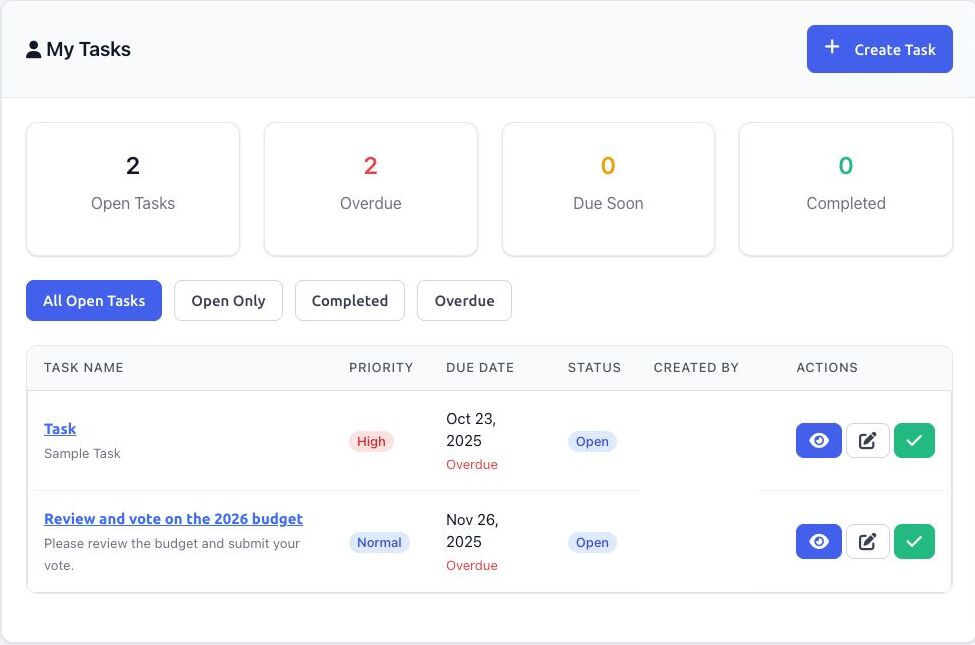 BoardSite My Tasks page with status totals, filters, and task actions