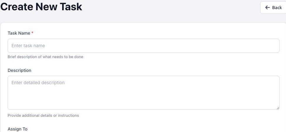 BoardSite Create New Task page showing task name and description fields