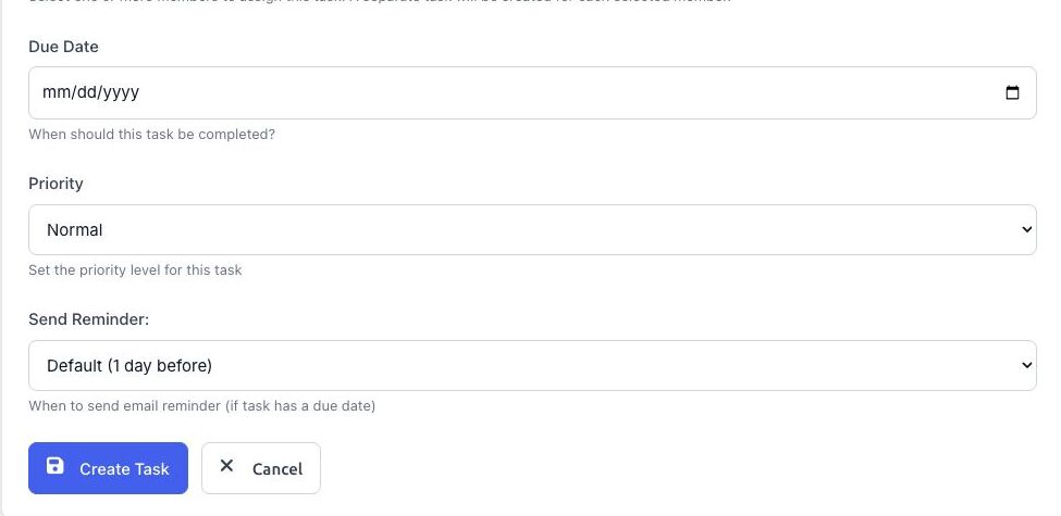 BoardSite task settings showing due date, priority, reminder, and Create Task