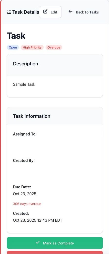 Sanitized BoardSite task detail page showing status, task information, and Mark as Complete