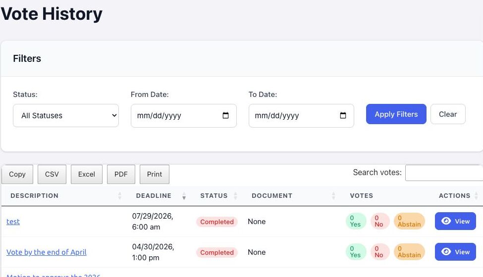 BoardSite Vote History with status and date filters, search, export controls, and View actions